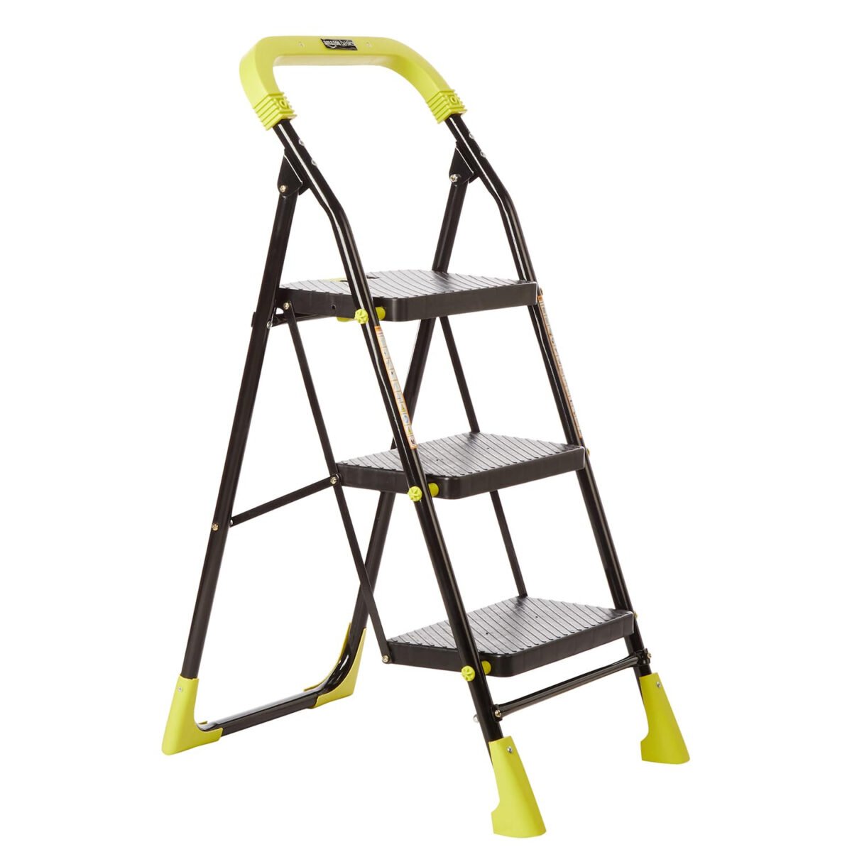 Dynamo - Foldable Step Ladder, Safety Clutch Lock, Anti Slip Steps, Knee Guard, Anti skid PVC Shoes, 3 Steps (Steel, Black & Lime Green)