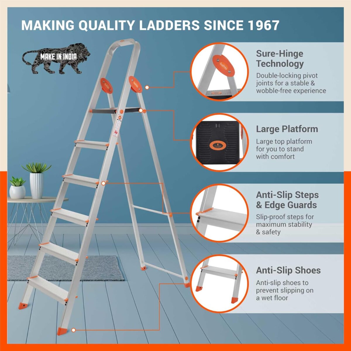 Bathla Advance Carbon - 6 Step Foldable Aluminium Ladder with Scratch Resistant Smart Platform and Sure-Hinge Technology (Orange)