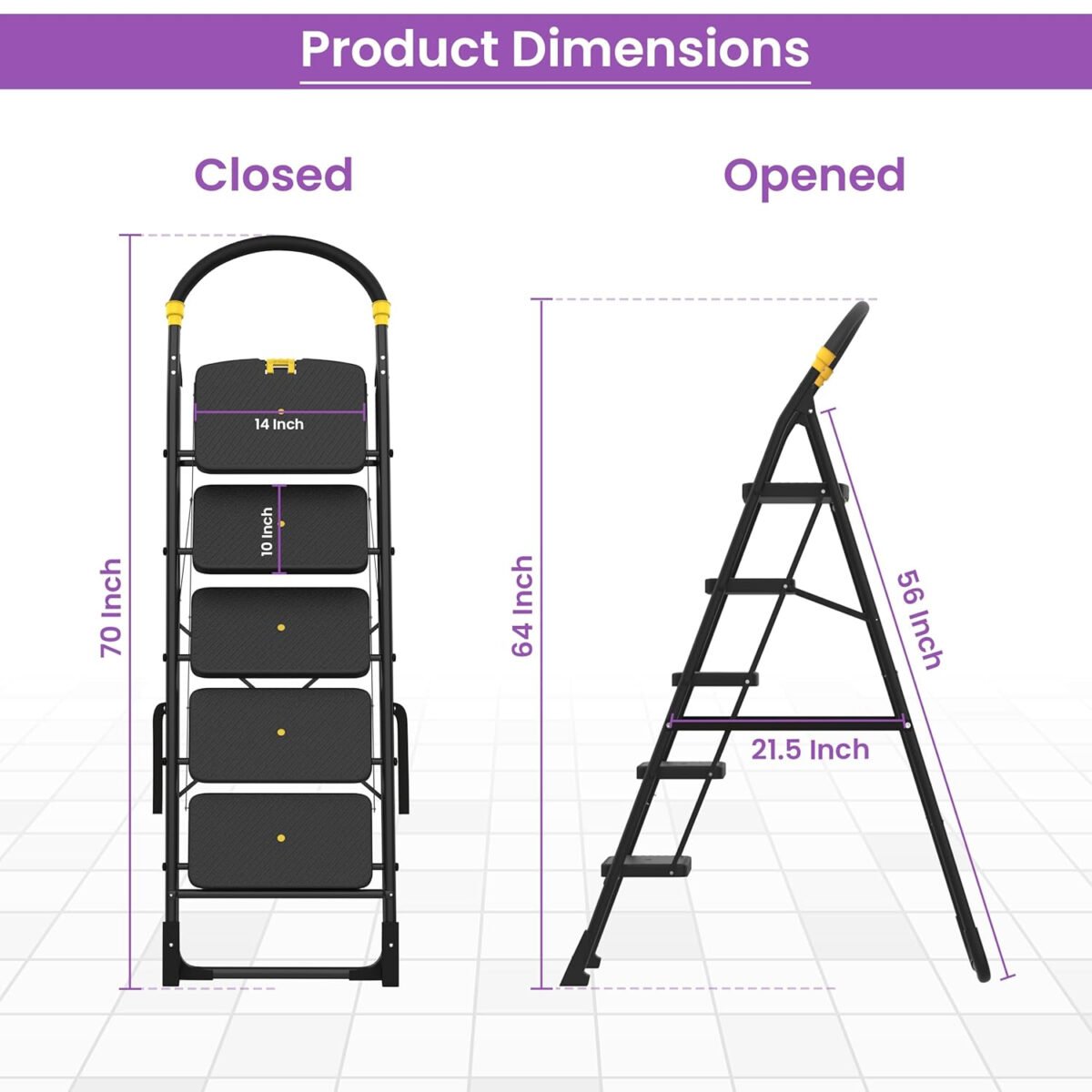 TruCare Home Ladder, Foldable with 5 Slip-Resistant Steps, Durable, Heavy Duty, Anti-Skid Steel Ladder (5 Steps, Black)