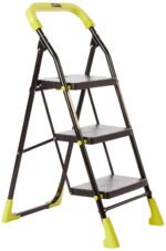 Dynamo - Foldable Step Ladder, Safety Clutch Lock, Anti Slip Steps, Knee Guard, Anti skid PVC Shoes, 3 Steps (Steel, Black & Lime Green)