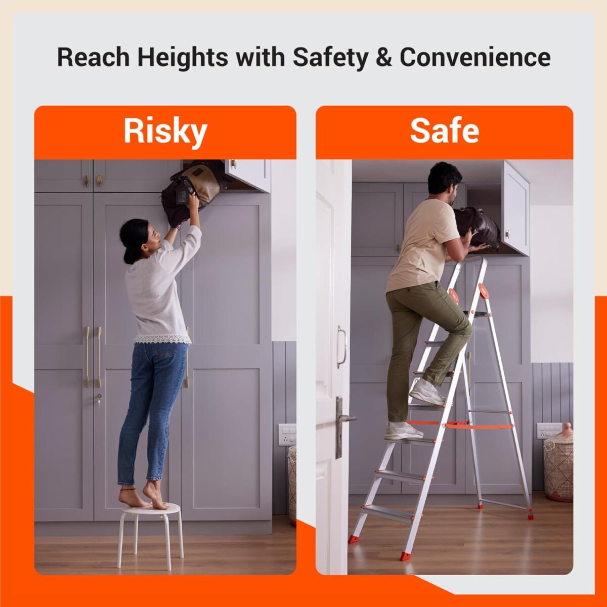 Bathla Advance Carbon - 6 Step Foldable Aluminium Ladder with Scratch Resistant Smart Platform and Sure-Hinge Technology (Orange)