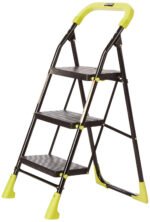 Dynamo - Foldable Step Ladder, Safety Clutch Lock, Anti Slip Steps, Knee Guard, Anti skid PVC Shoes, 3 Steps (Steel, Black & Lime Green)