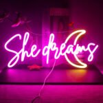 She Dreams Neon Sign Led Pink Yellow Moon Neon Lights For Wall Decor Word Acrylic Light Up Signs For Bedroom Home Wedding Birthday Party Girls Gifts