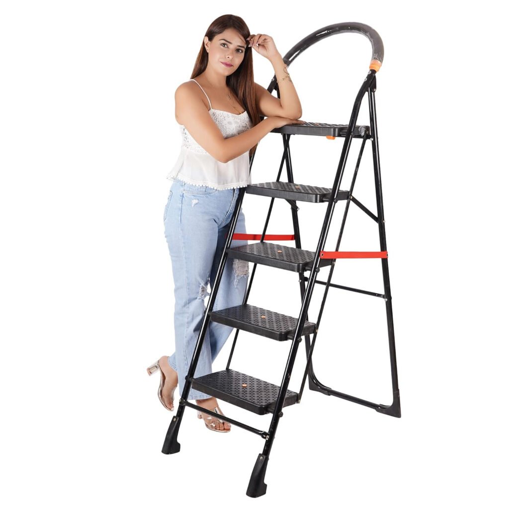 Strong Heavy Duty 5 Step Fold-able Durable Metal Iron Wide Ladder for Home Anti Non Skid Indoor Outdoor Use | (5 Steps, Black)