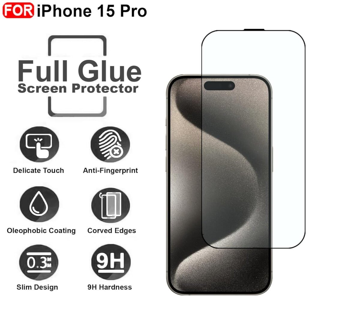 iPhone 15 Pro Tempered Glass | Screen Protector Full HD Quality Tempered Glass Anti-Scratch Edge Installation Kit (Black)