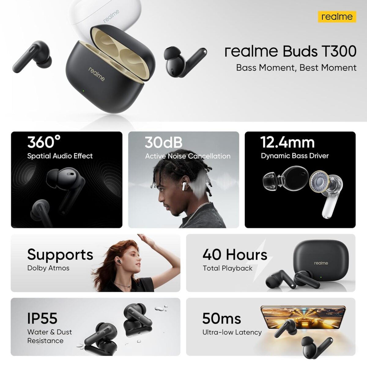 realme Buds T300 Truly Wireless in-Ear Earbuds with 30dB ANC, 360° Spatial Audio Effect, 12.4mm Dynamic Bass Boost Driver with