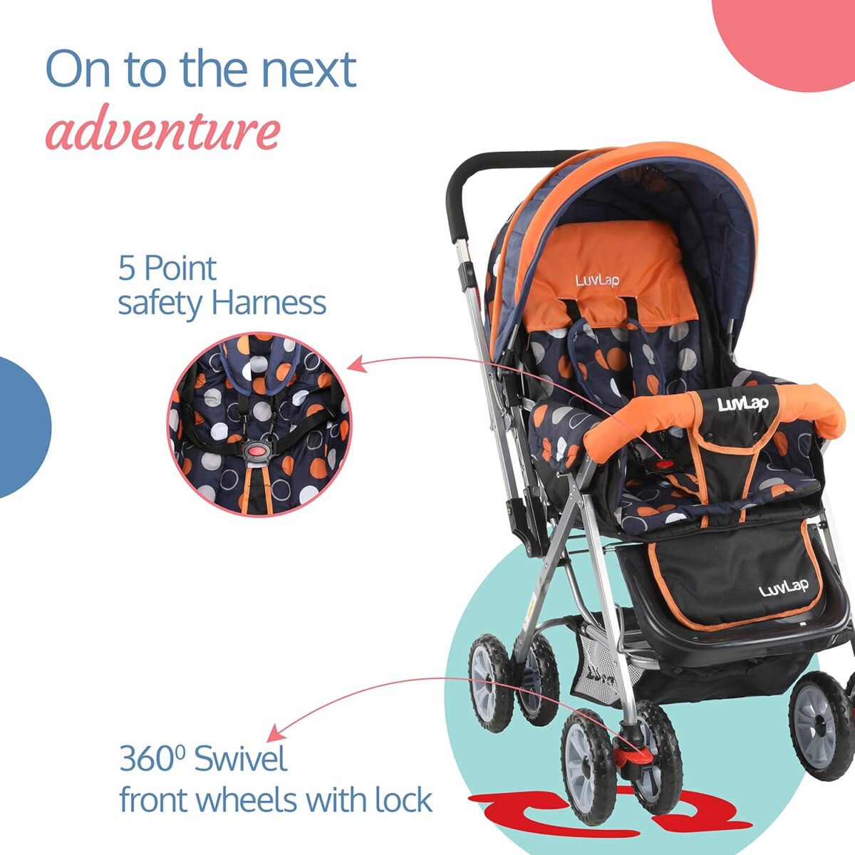 LuvLap Baby Stroller/Pram for 0 to 3 Years, New Born/Toddler/Kid, 5 Point Safety Harness, Adjustable backrest, 360°