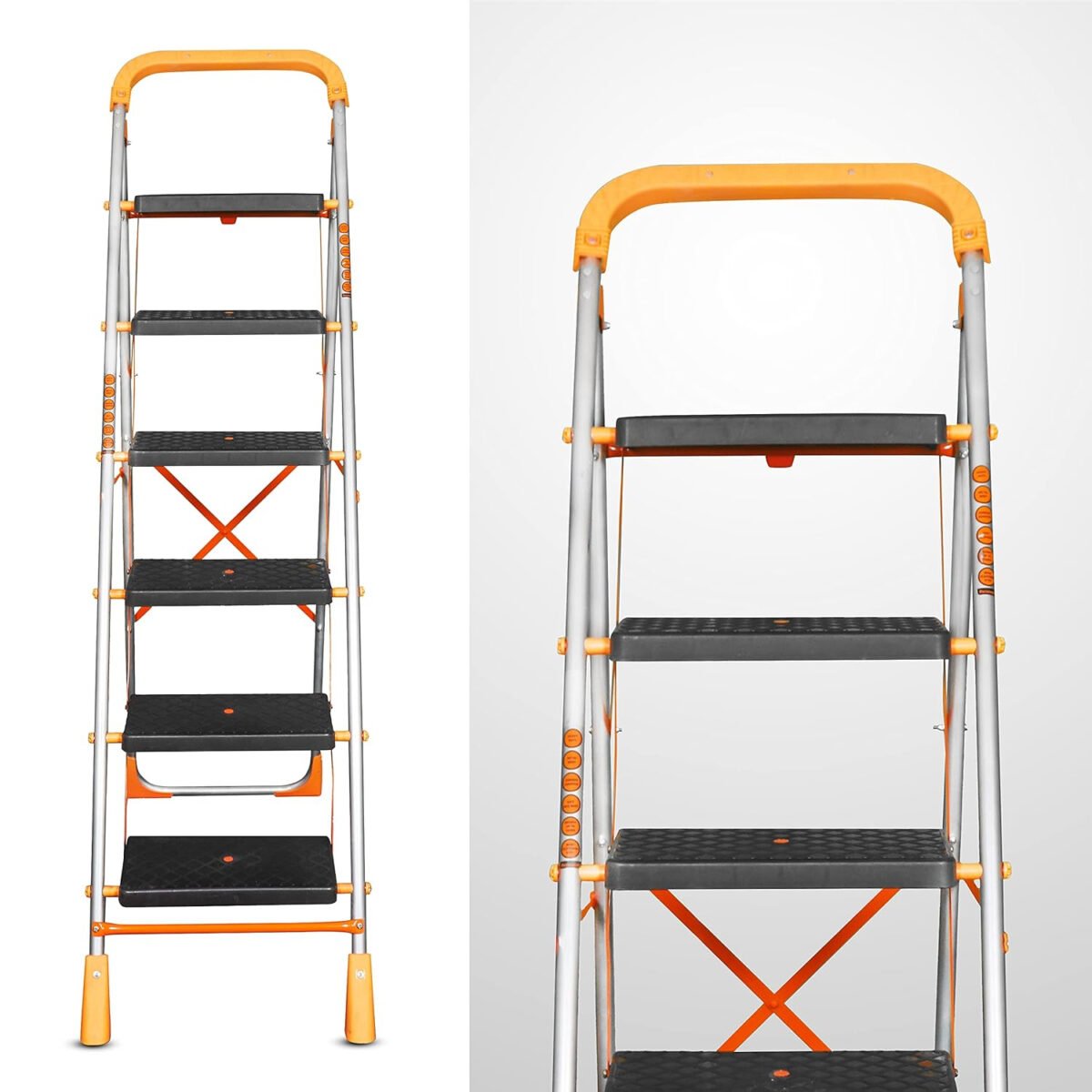 6 Step Orange Diamond Folding Ladder with Wide Steps 6 Steps 6.1 FT Ladder - Made in India, Alloy Steel