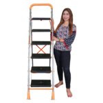 6 Step Orange Diamond Folding Ladder with Wide Steps 6 Steps 6.1 FT Ladder - Made in India, Alloy Steel