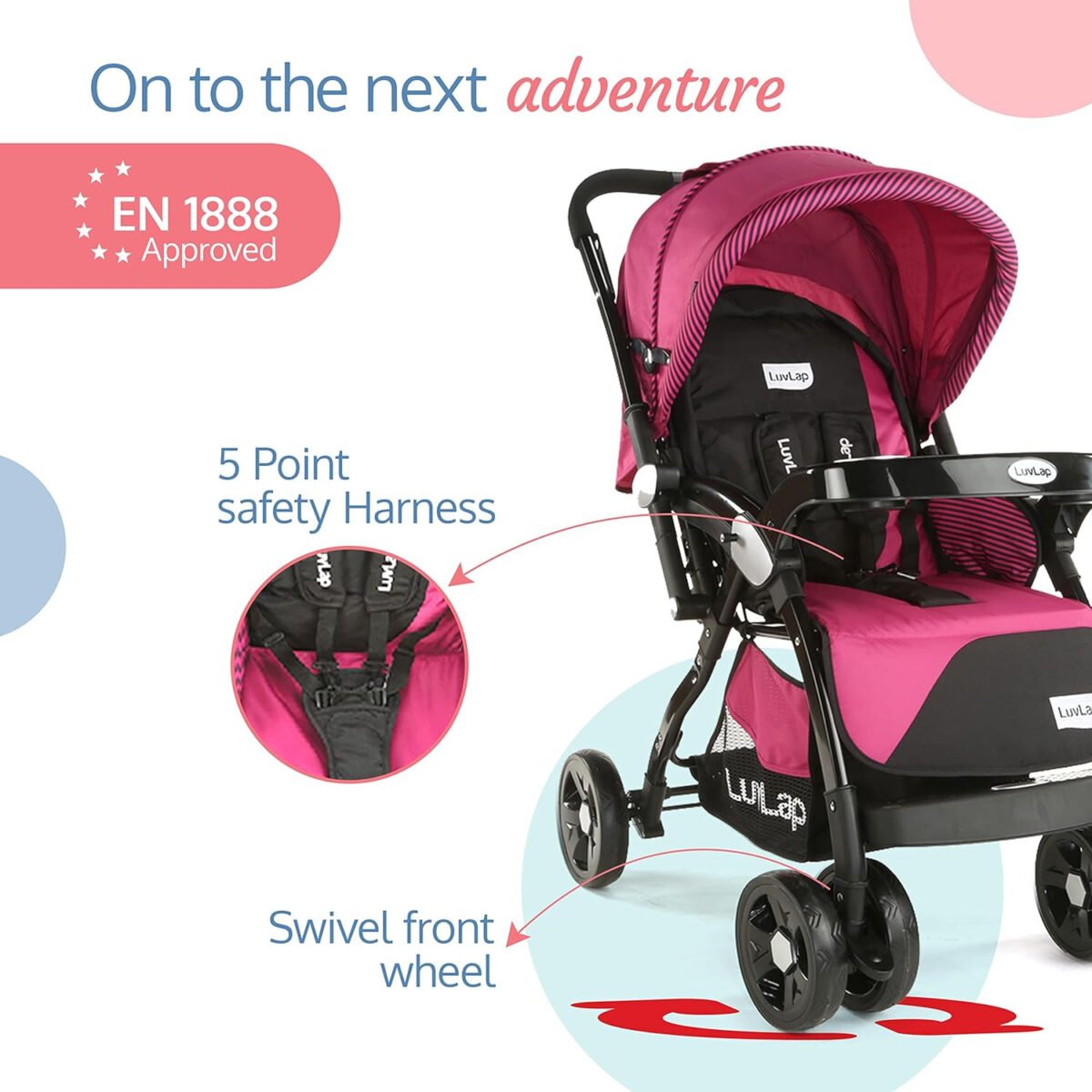 LuvLap baby stroller, Pram for baby with 5 point safety harness, Spacious Cushioned seat with Multi level seat recline,