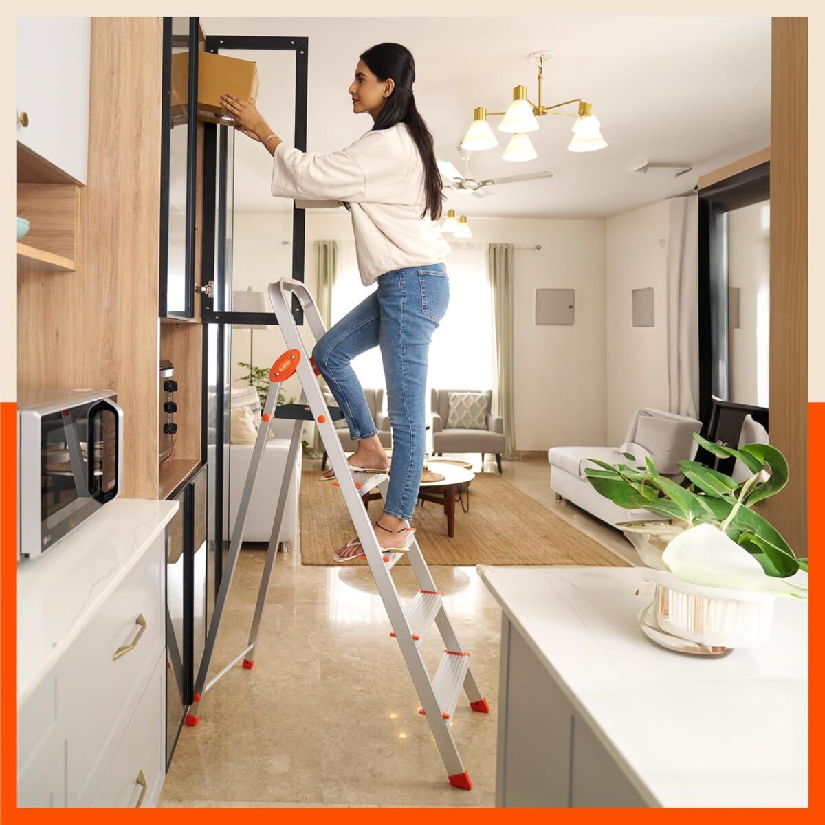 Bathla Advance Carbon - 6 Step Foldable Aluminium Ladder with Scratch Resistant Smart Platform and Sure-Hinge Technology (Orange)