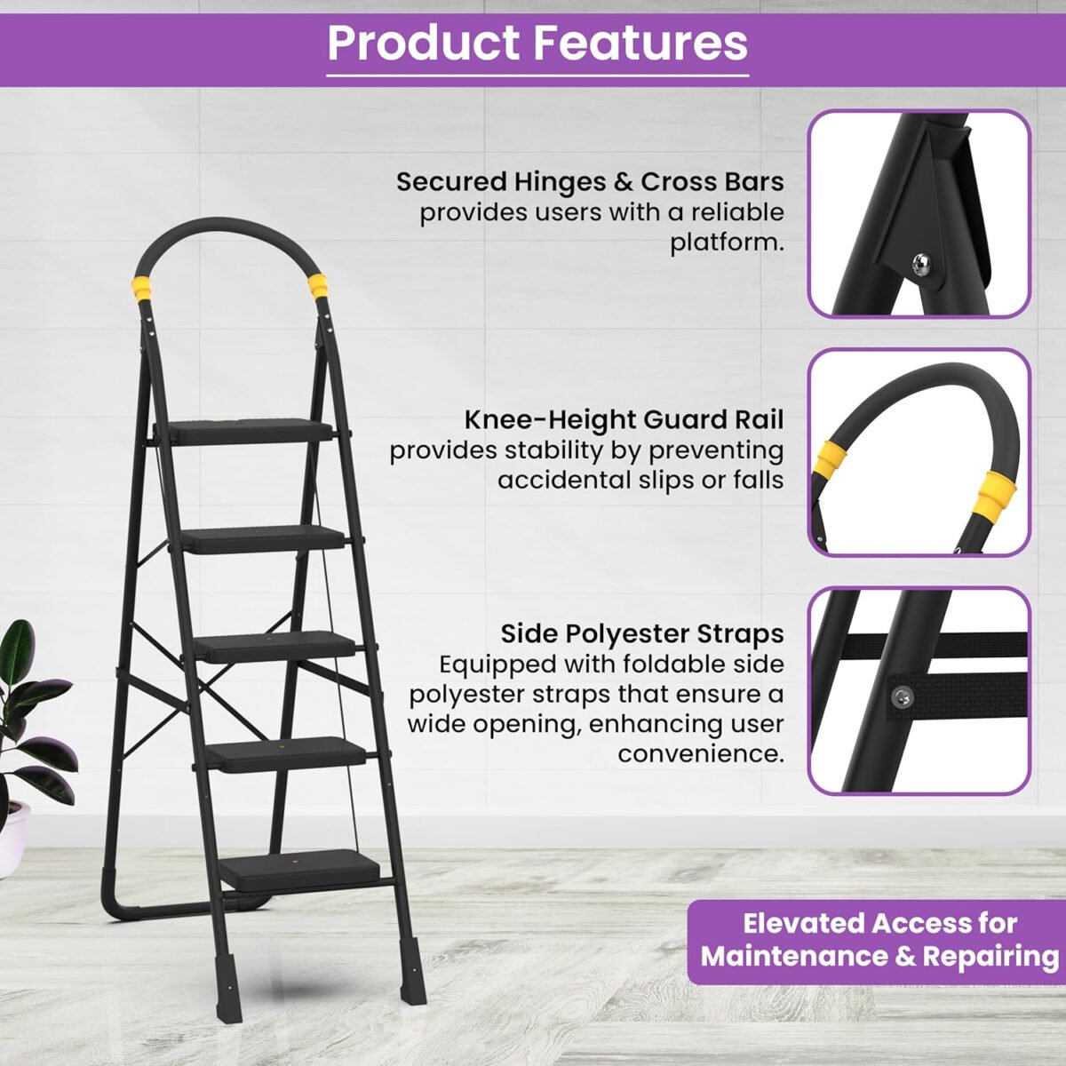 TruCare Home Ladder, Foldable with 5 Slip-Resistant Steps, Durable, Heavy Duty, Anti-Skid Steel Ladder (5 Steps, Black)