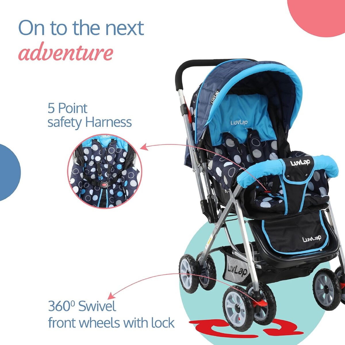 LuvLap Baby Stroller / Pram for 0 to 3 Years, New Born / Toddler / Kid, 5 Point Safety Harness, Adjustable backrest,