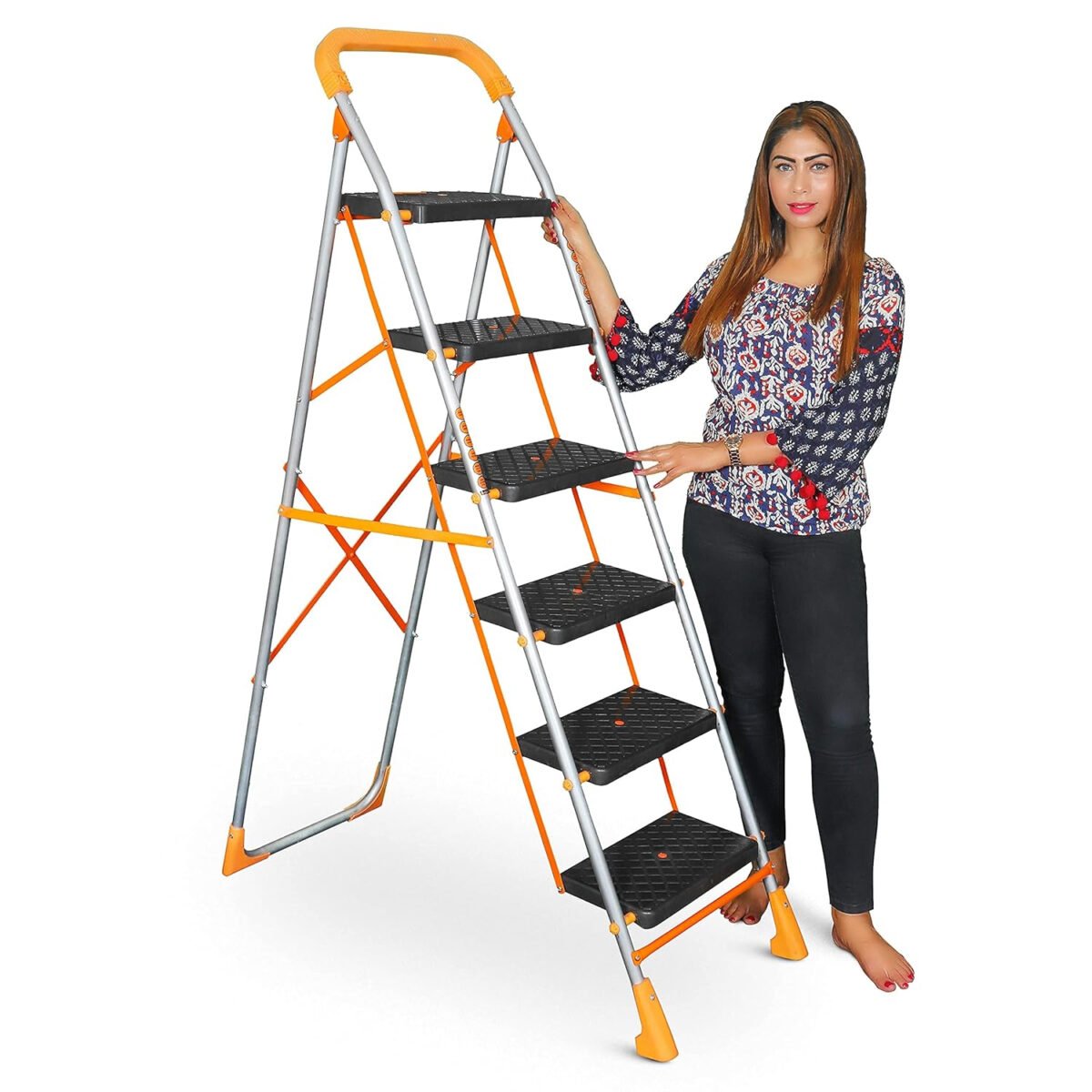 6 Step Orange Diamond Folding Ladder with Wide Steps 6 Steps 6.1 FT Ladder - Made in India, Alloy Steel