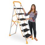 6 Step Orange Diamond Folding Ladder with Wide Steps 6 Steps 6.1 FT Ladder - Made in India, Alloy Steel