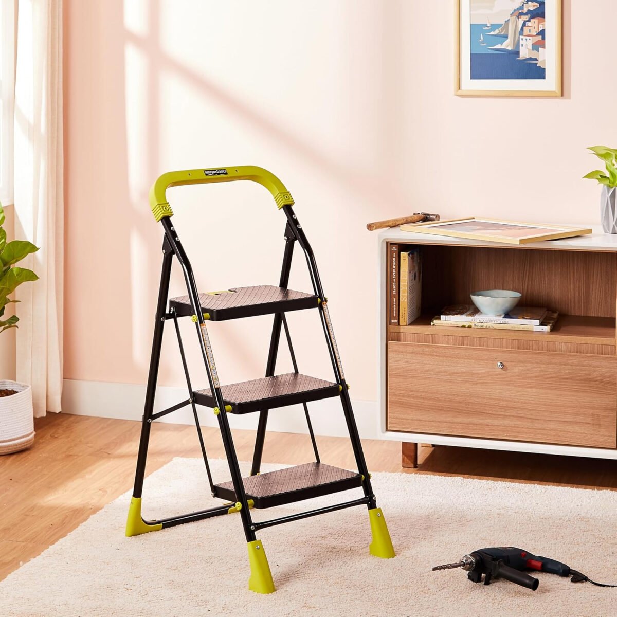 Dynamo - Foldable Step Ladder, Safety Clutch Lock, Anti Slip Steps, Knee Guard, Anti skid PVC Shoes, 3 Steps (Steel, Black & Lime Green)