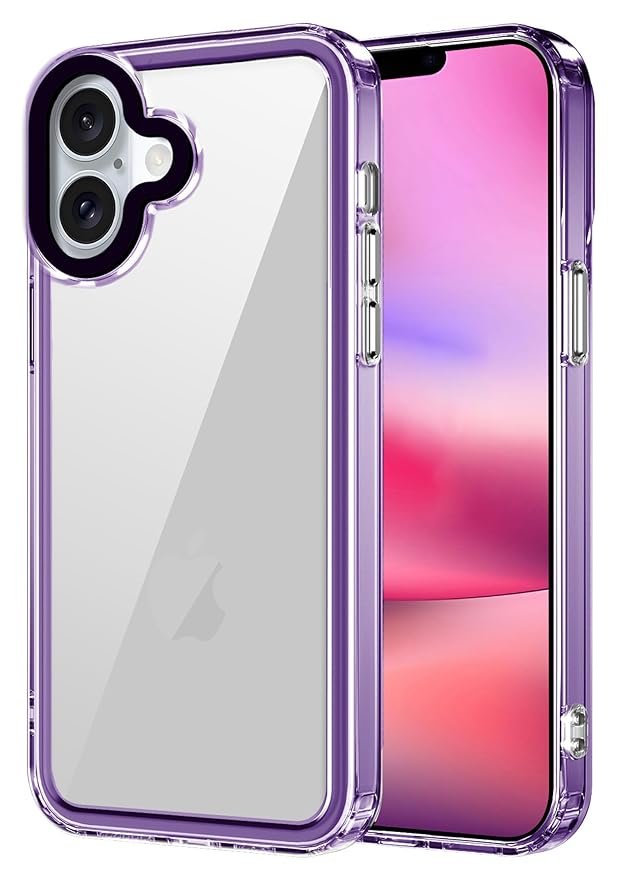 JBL Warrior Acrylic Clear Back Cover for Apple iPhone 16 Plus | Slim Shockproof [Military Grade Protection] Hybrid Bumper Case (Purple Sides)