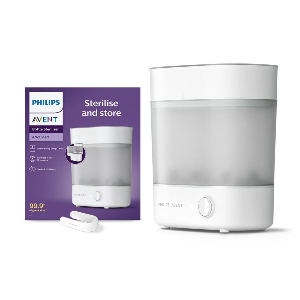 Philips Avent Sterilizer | Kills 99.9%* Germs in 10 mins Cycle with Natural Steam Sterilization I Stays Sterile Upto 24hrs* SCF291/00