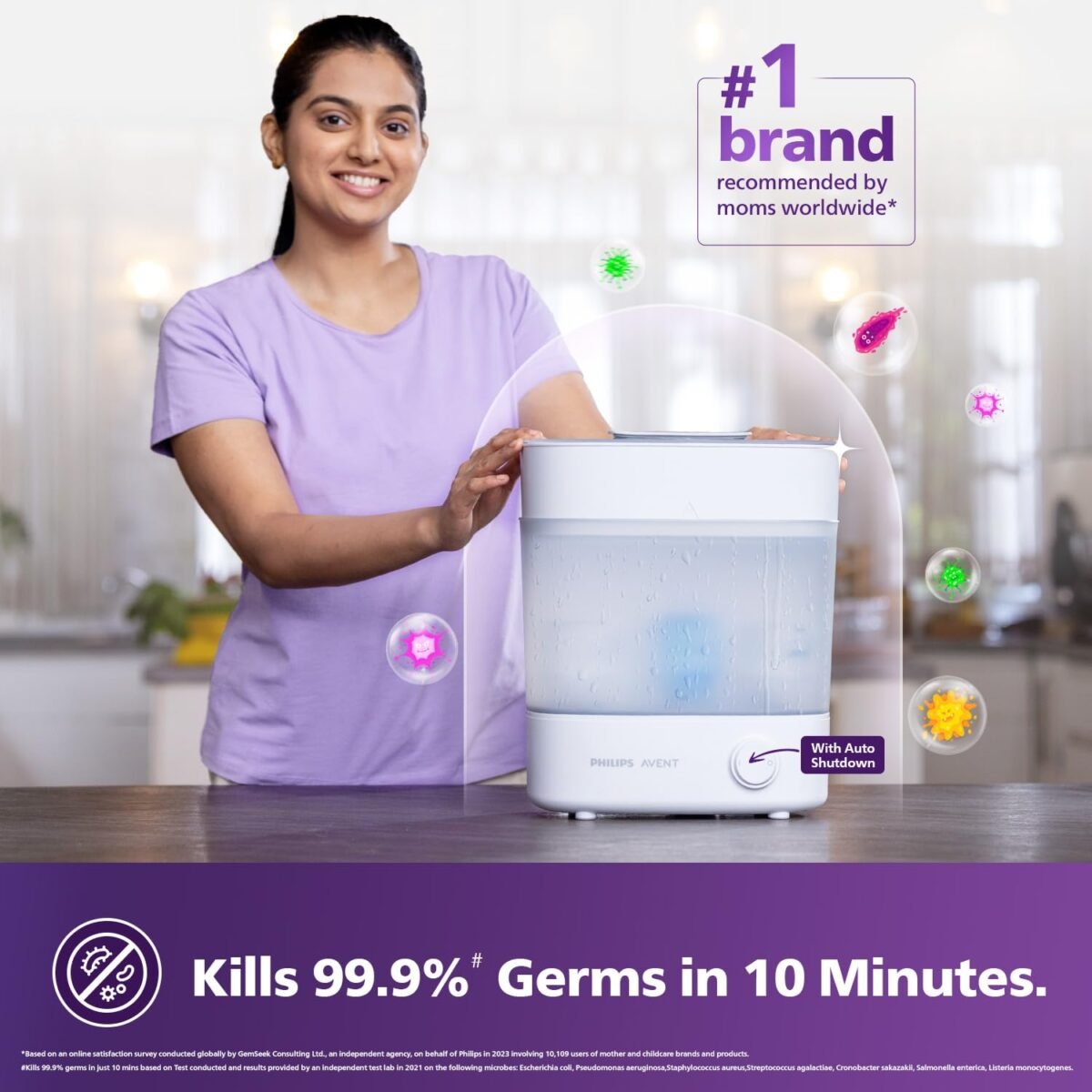 Philips Avent Sterilizer | Kills 99.9%* Germs in 10 mins Cycle with Natural Steam Sterilization I Stays Sterile Upto 24hrs* SCF291/00