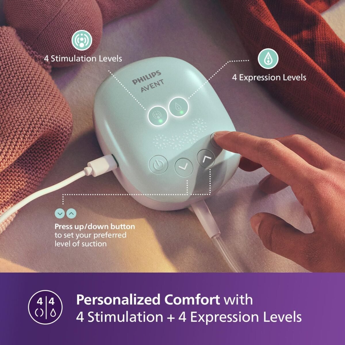 Philips Avent Portable Electric Breast Pump | 4 + 4 Expression and Stimulation settings | Quiet Motor |Corded SCF323/11