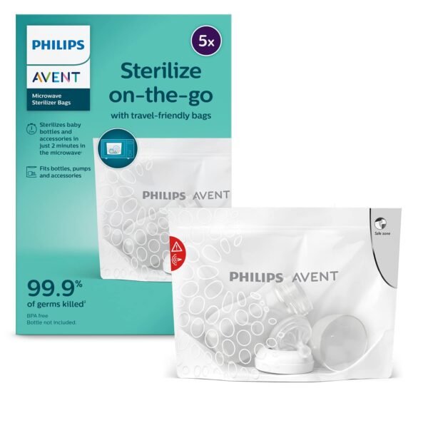 Avent Philips Microwave Sterilizing Bag Scf297/05 | Kills 99.9% Germs | Sterilizes Bottles, Breast Pump and Baby Products in 90 Sec | 100 Sterilization Cycle in One Pack | Pack of 5 Bags (White)