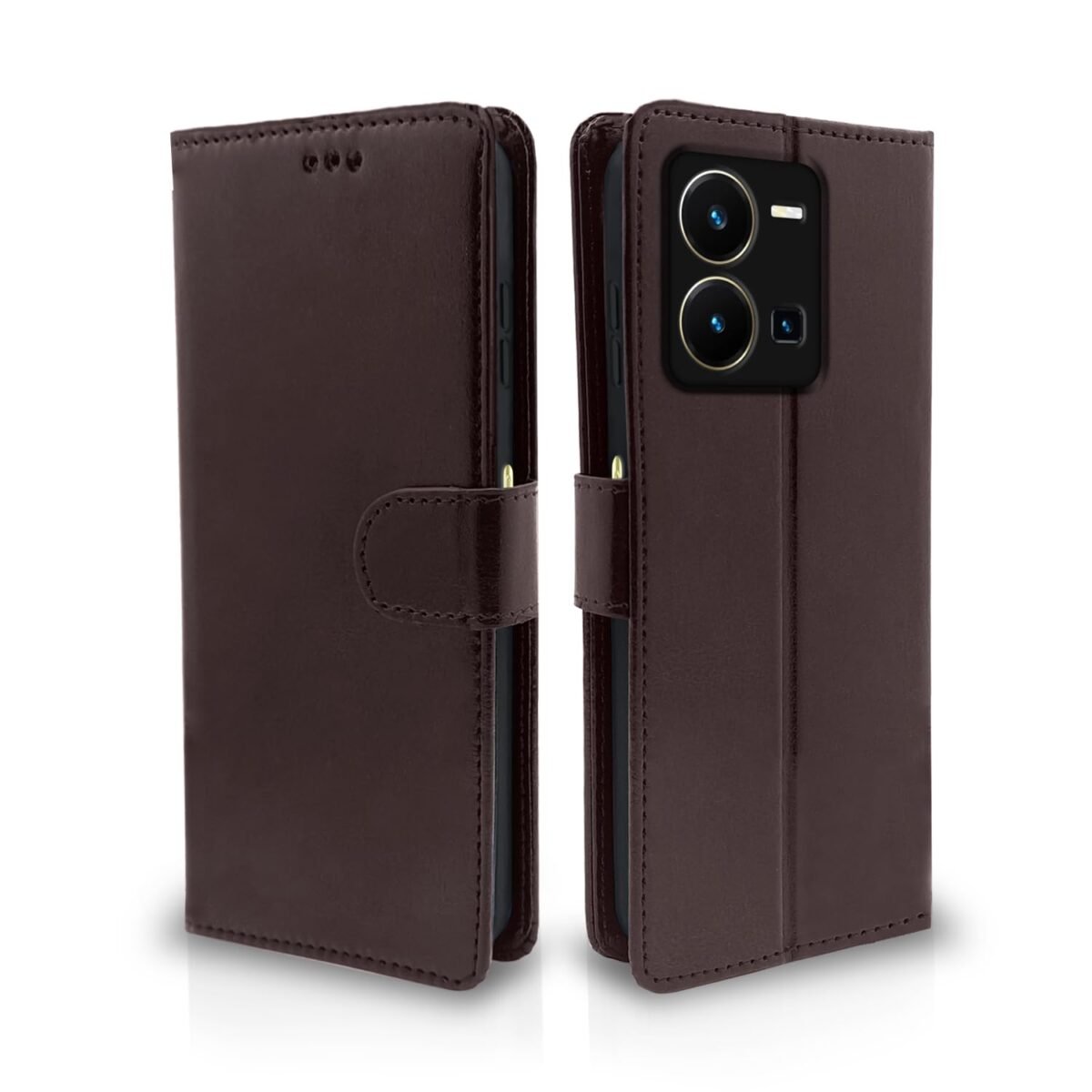 Vivo Y35 Flip Case Leather Finish | Inside TPU with Card Pockets | Wallet Stand and Shock Proof | Magnetic Closing | Complete Protection Flip Cover for Vivo Y35 (Coffee)