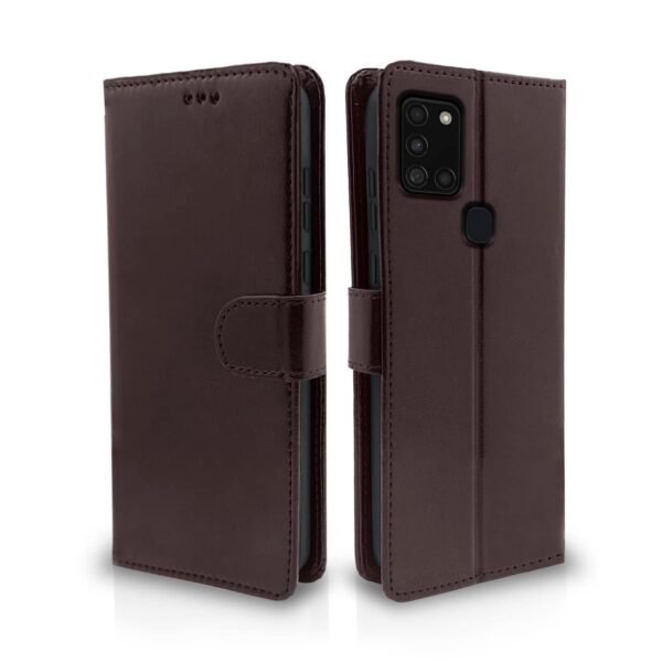 Samsung Galaxy A21s Flip Case Leather Finish | Inside TPU with Card Pockets | Wallet Stand and Shock Proof | Magnetic Closing | Complete Protection Flip Cover for Samsung Galaxy A21s (Coffee)