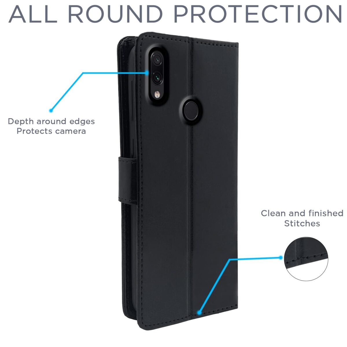 Flip Cover Leather Finish | Inside TPU with Card Pockets | Wallet Stand and Shock Proof | Complete Protection Flip Case for Redmi Note 7 Pro/Note 7 / Note 7s (Black)