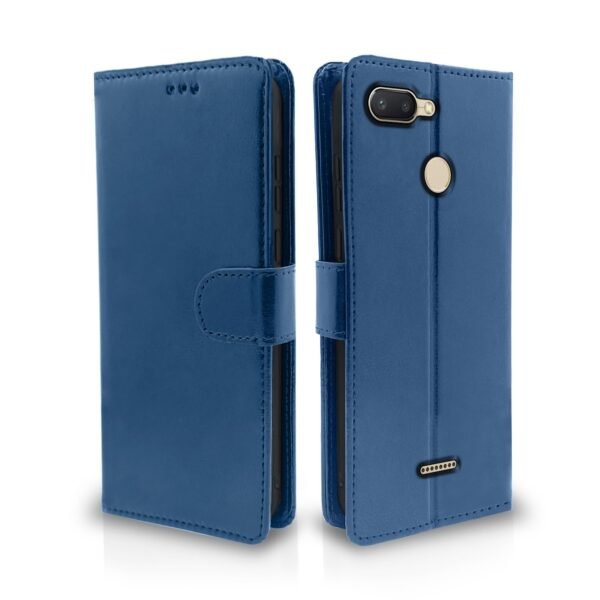 Redmi 6 Flip Cover Leather Finish | Inside TPU with Card Pockets | Wallet Stand and Shock Proof | Complete Protection Flip Case (Blue)