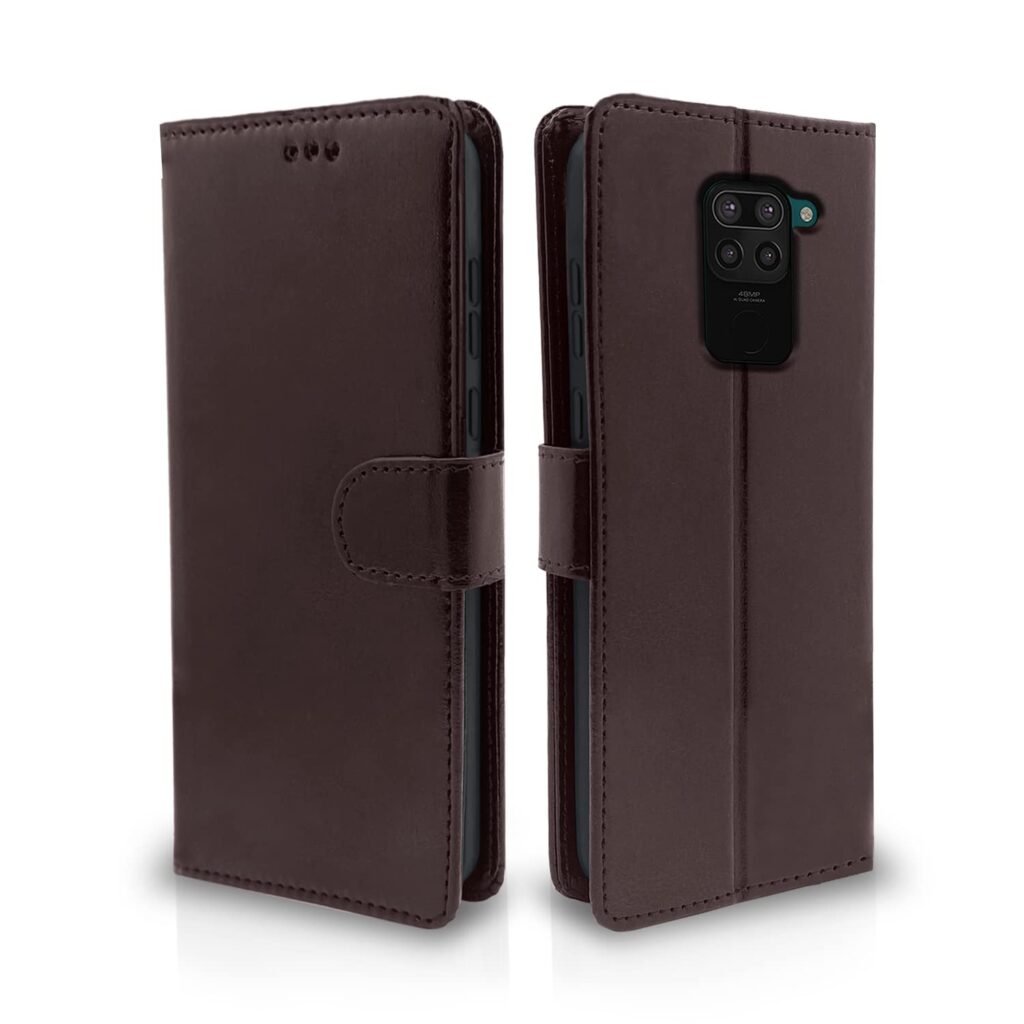 Mi Redmi Note 9 Flip Case Leather Finish | Inside TPU with Card Pockets | Wallet Stand and Shock Proof | Magnetic Closing | Complete Protection Flip Cover for Mi Redmi Note 9 (Coffee)