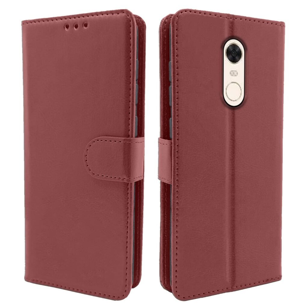 Redmi Note 5 Flip Cover Leather Finish | Wallet Stand and Shock Proof | Inside TPU with Card Pockets | Complete Protection Flip Case (Brown)