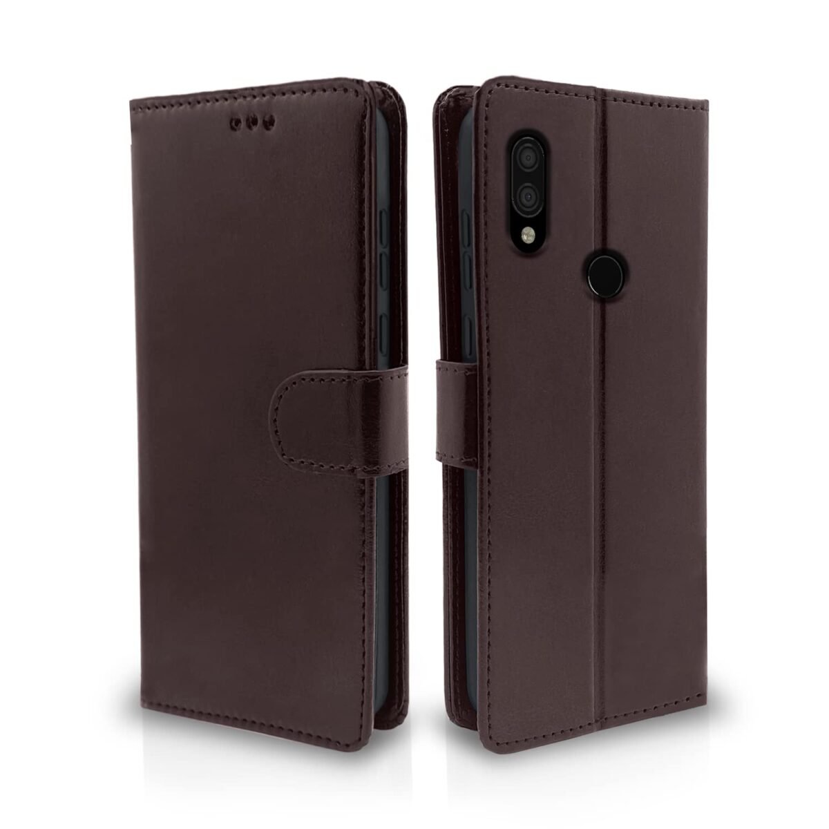 Redmi 7 / Y3 Flip Cover Leather Finish | Inside TPU with Card Pockets | Wallet Stand and Shock Proof | Complete Protection Flip Case (Coffee)