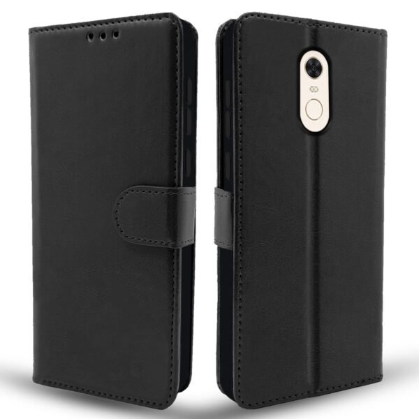 Redmi Note 5 Flip Cover Leather Finish | Wallet Stand and Shock Proof | Inside TPU with Card Pockets | Complete Protection Flip Case (Black)