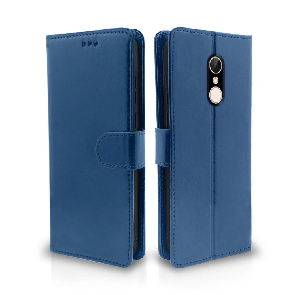 Redmi 5 Flip Cover Leather Finish | Inside TPU with Card Pockets | Wallet Stand and Shock Proof | Complete Protection Flip Case (Blue)