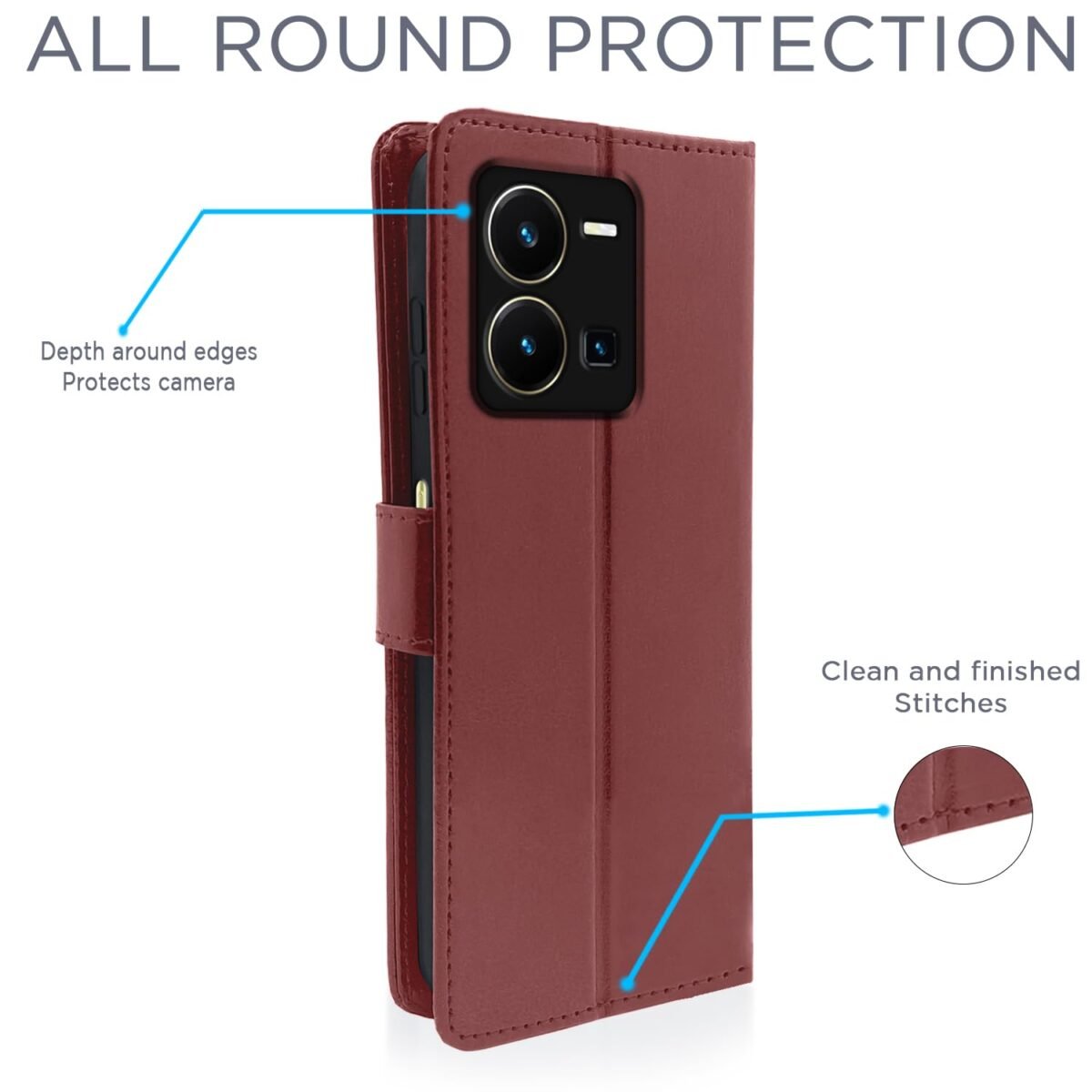 Vivo Y35 Flip Case Leather Finish | Inside TPU with Card Pockets | Wallet Stand and Shock Proof | Magnetic Closing | Complete Protection Flip Cover for Vivo Y35 (Brown)