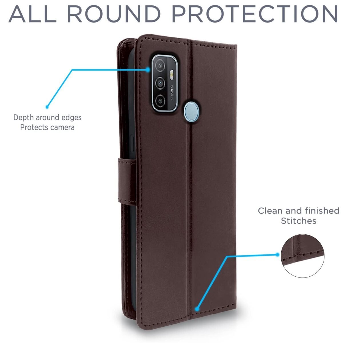 Oppo A53 Flip Case Leather Finish | Inside TPU with Card Pockets | Wallet Stand and Shock Proof | Magnetic Closing | Complete Protection Flip Cover for Oppo A53 (Coffee)