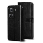 Oppo Reno 11 5G (Flexible | Leather Finish | Card Pockets Wallet & Stand Shock Proof Flip Cover Back Case Cover for | (Black)