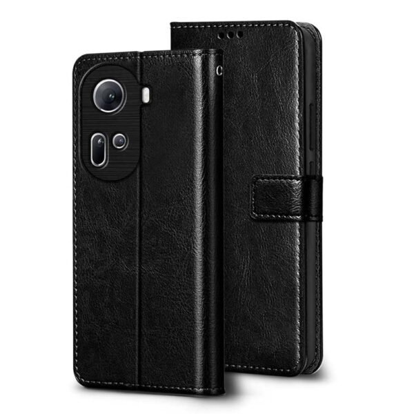 Oppo Reno 11 5G (Flexible | Leather Finish | Card Pockets Wallet & Stand Shock Proof Flip Cover Back Case Cover for | (Black)