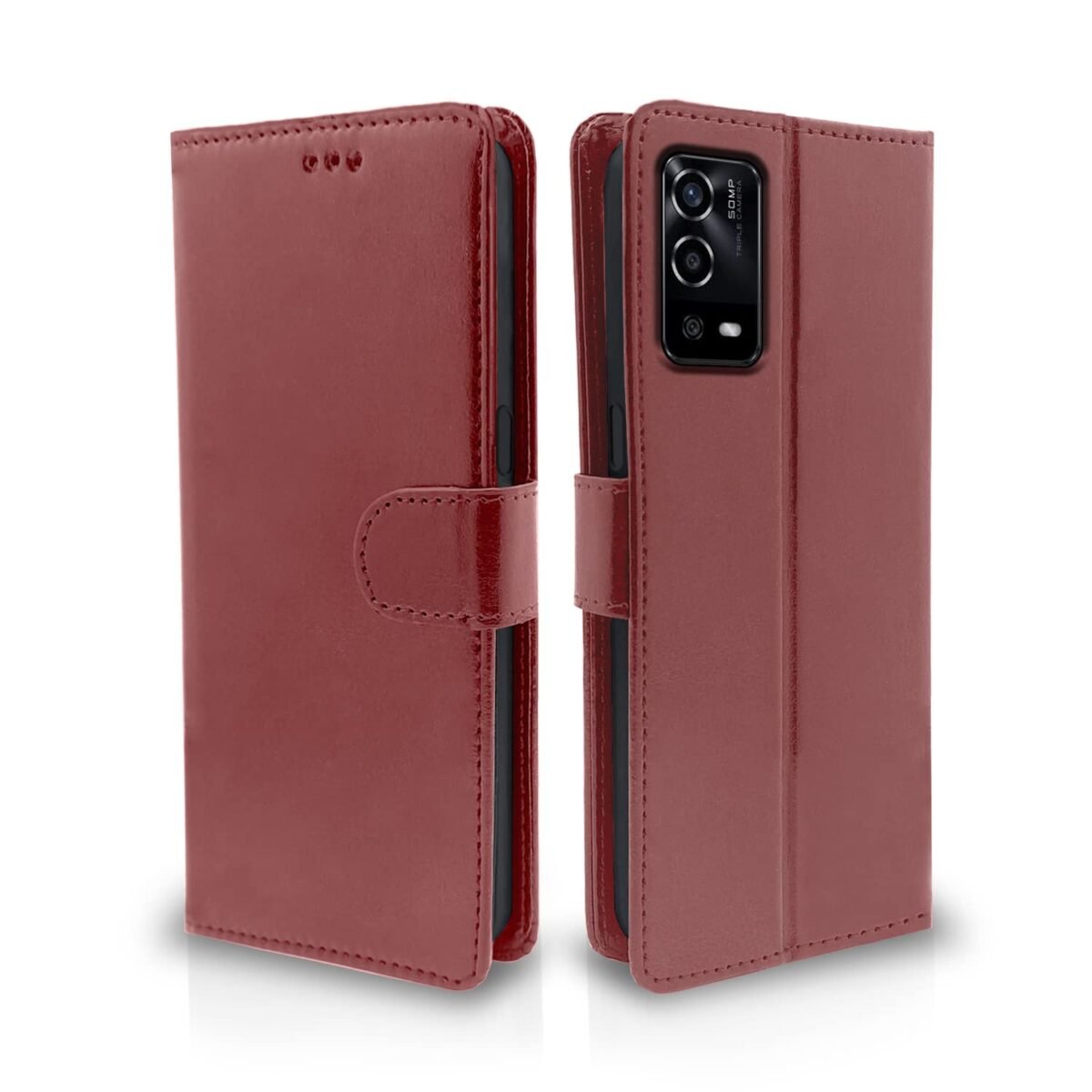 Oppo A55 Flip Case Leather Finish | Inside TPU with Card Pockets | Wallet Stand and Shock Proof | Magnetic Closing | Complete Protection Flip Cover (Brown)