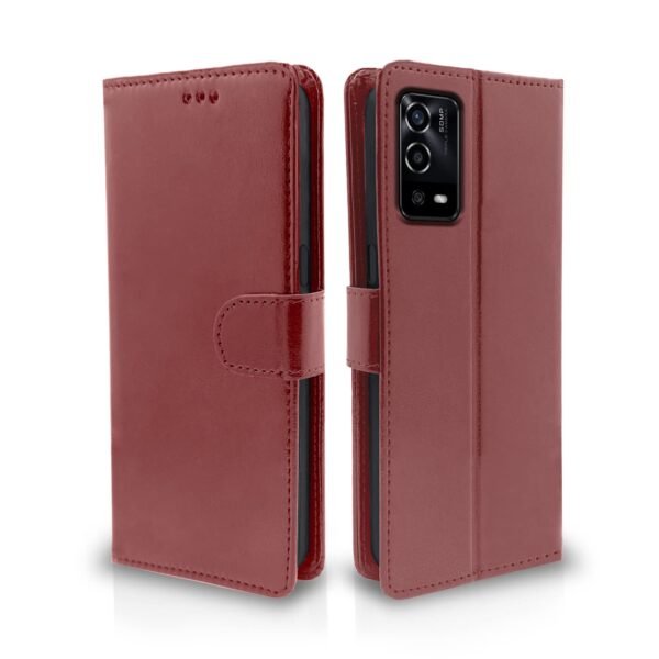 Oppo A55 Flip Case Leather Finish | Inside TPU with Card Pockets | Wallet Stand and Shock Proof | Magnetic Closing | Complete Protection Flip Cover (Brown)