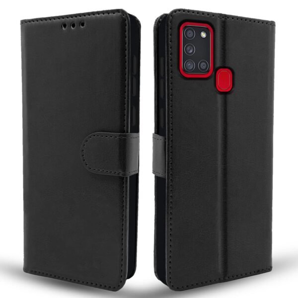 Samsung Galaxy A21s Flip Case Leather Finish | Inside TPU with Card Pockets | Wallet Stand and Shock Proof | Magnetic Closing | Complete Protection Flip Cover for Samsung Galaxy A21s (Black)