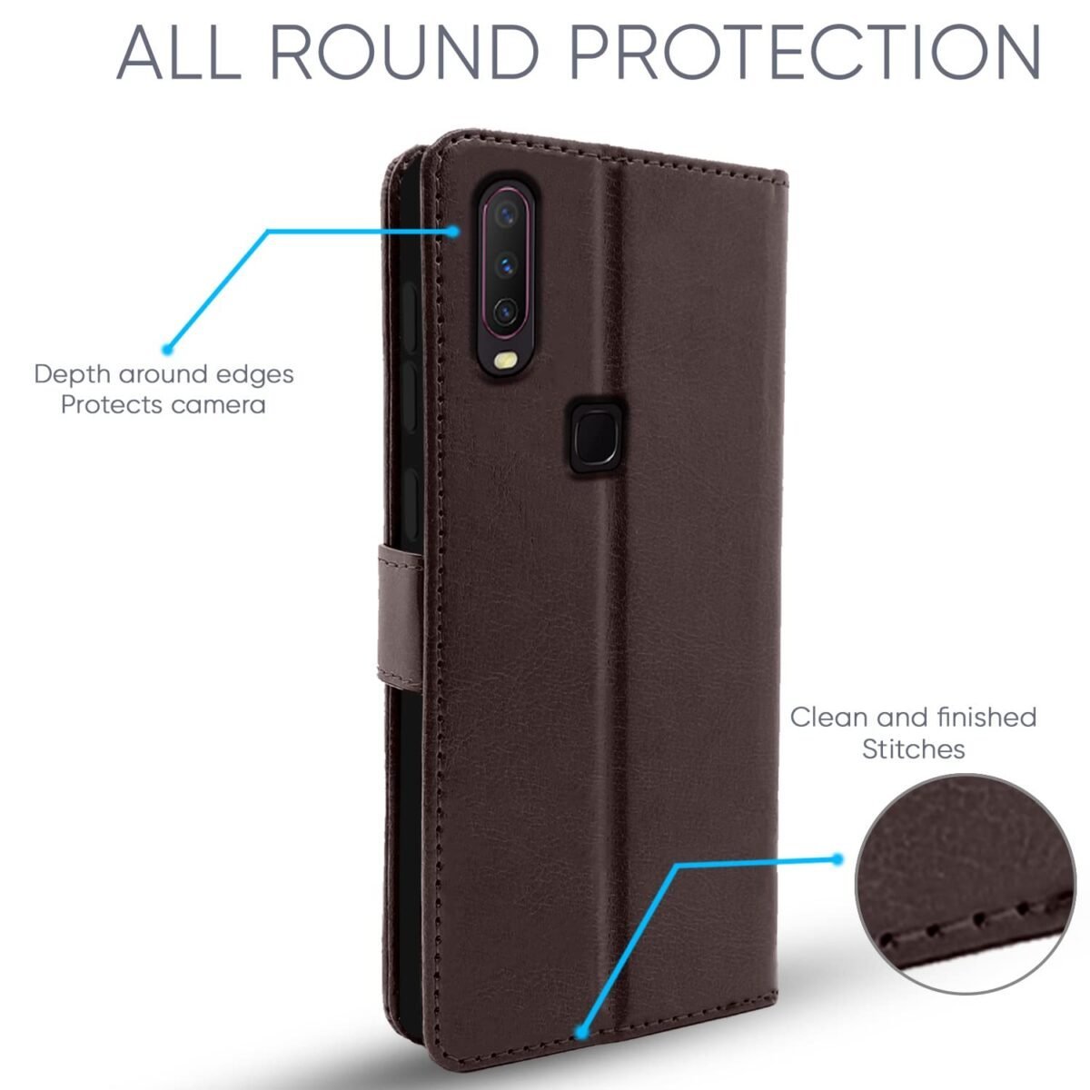 Vivo Y12 / Y15 /Y17 / U10 Flip Case Leather Finish | Inside TPU with Card Pockets | Wallet Stand and Shock Proof | Magnetic Closing | Complete Protection Flip Cover (Coffee)