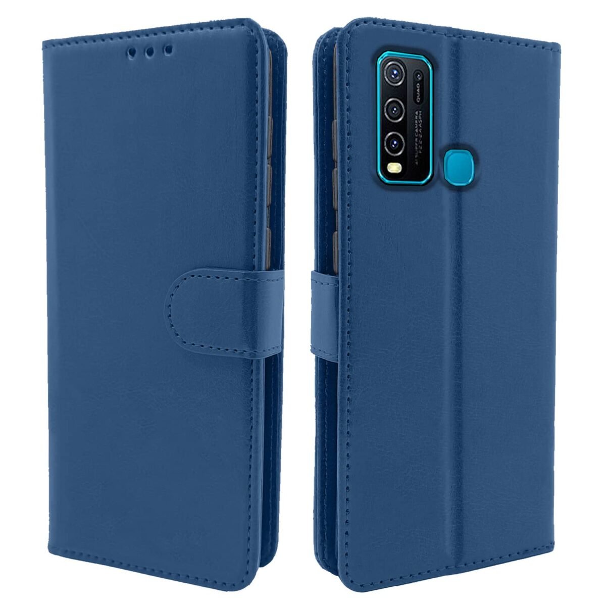 Vivo Y30 Flip Case Leather Finish | Inside TPU with Card Pockets | Wallet Stand and Shock Proof | Magnetic Closing | Complete Protection Flip Cover for Vivo Y30 (Blue)