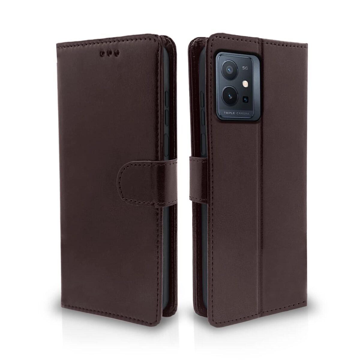 Vivo T1 5G / Vivo Y75 5G / IQOO Z6 5G Flip Case Leather Finish | Inside TPU with Card Pockets | Wallet Stand and Shock Proof | Magnetic Closing | Complete Protection Flip Cover (Coffee)