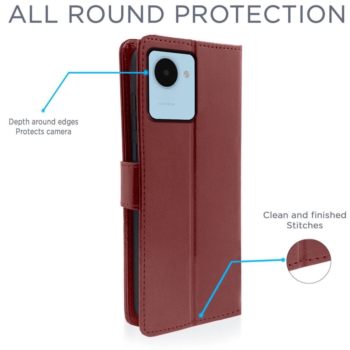 Realme C30 / Narzo 50i Prime Flip Case Leather Finish | Inside TPU with Card Pockets | Wallet Stand and Shock Proof | Magnetic Closing | Complete Protection Flip Cover (Brown)