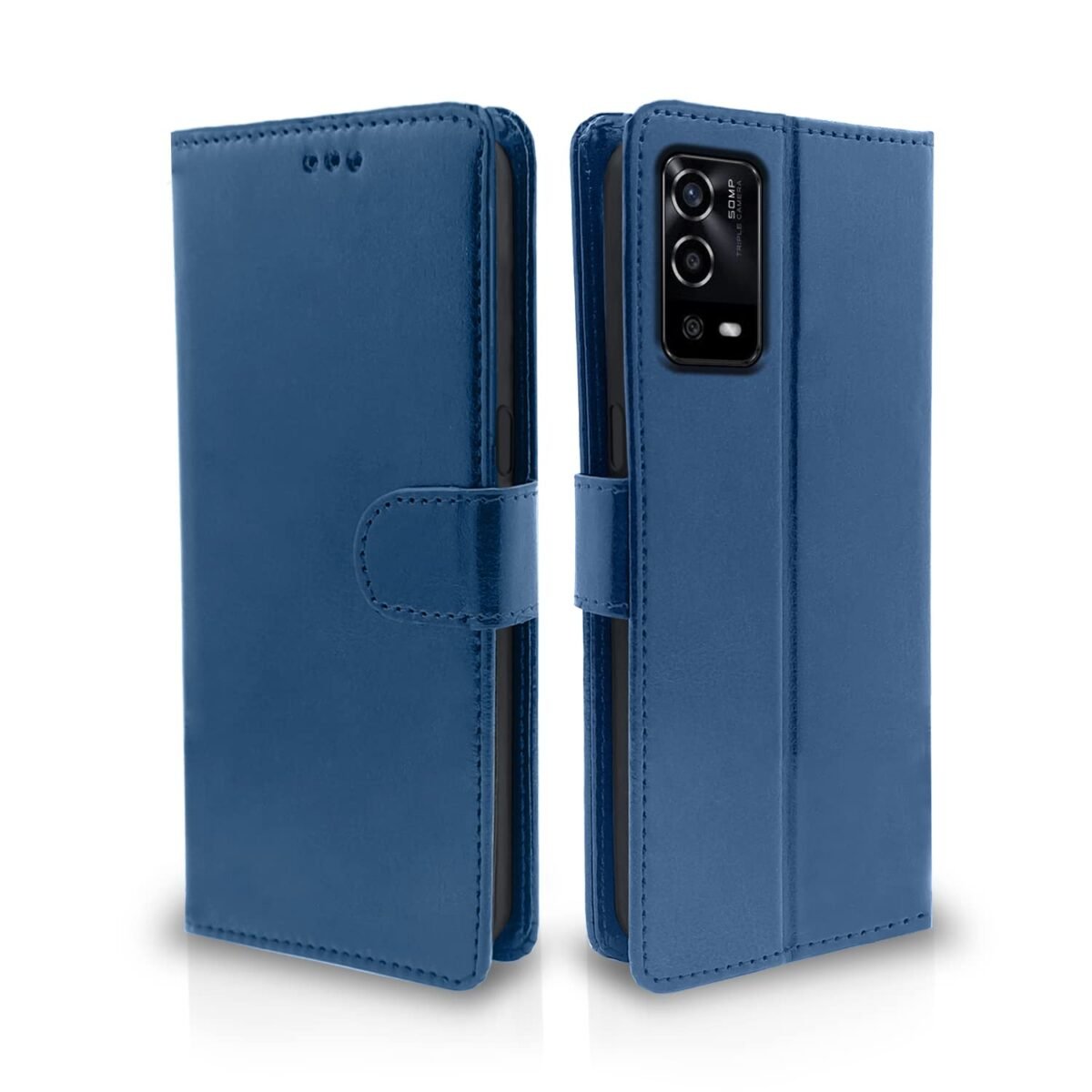 Oppo A55 Flip Case Leather Finish | Inside TPU with Card Pockets | Wallet Stand and Shock Proof | Magnetic Closing | Complete Protection Flip Cover (Blue)