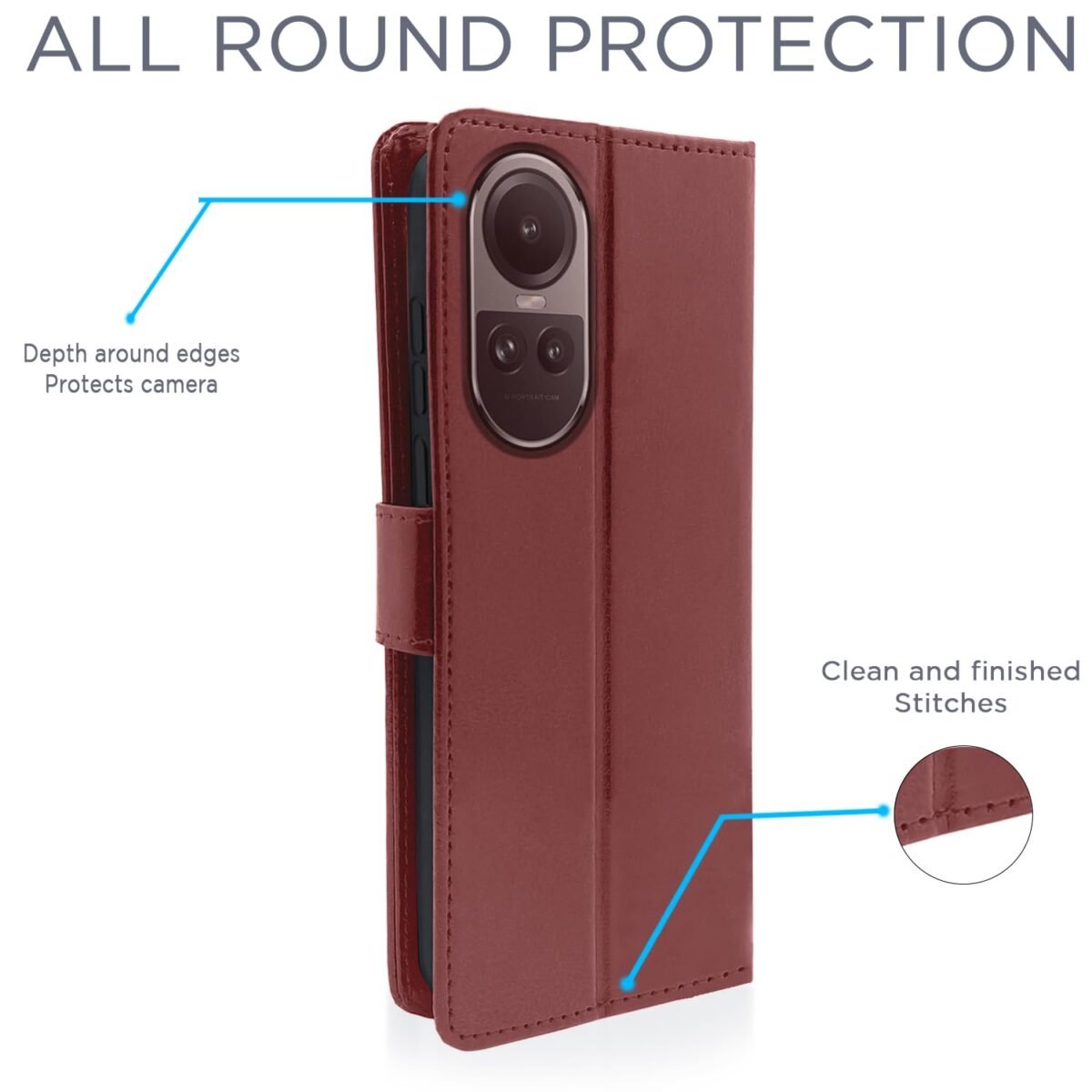 Oppo Reno 10 Pro 5G Flip Cover Leather Finish | Inside TPU with Card Pockets | Wallet Stand and Shock Proof | Complete Protection Flip Case (Brown)