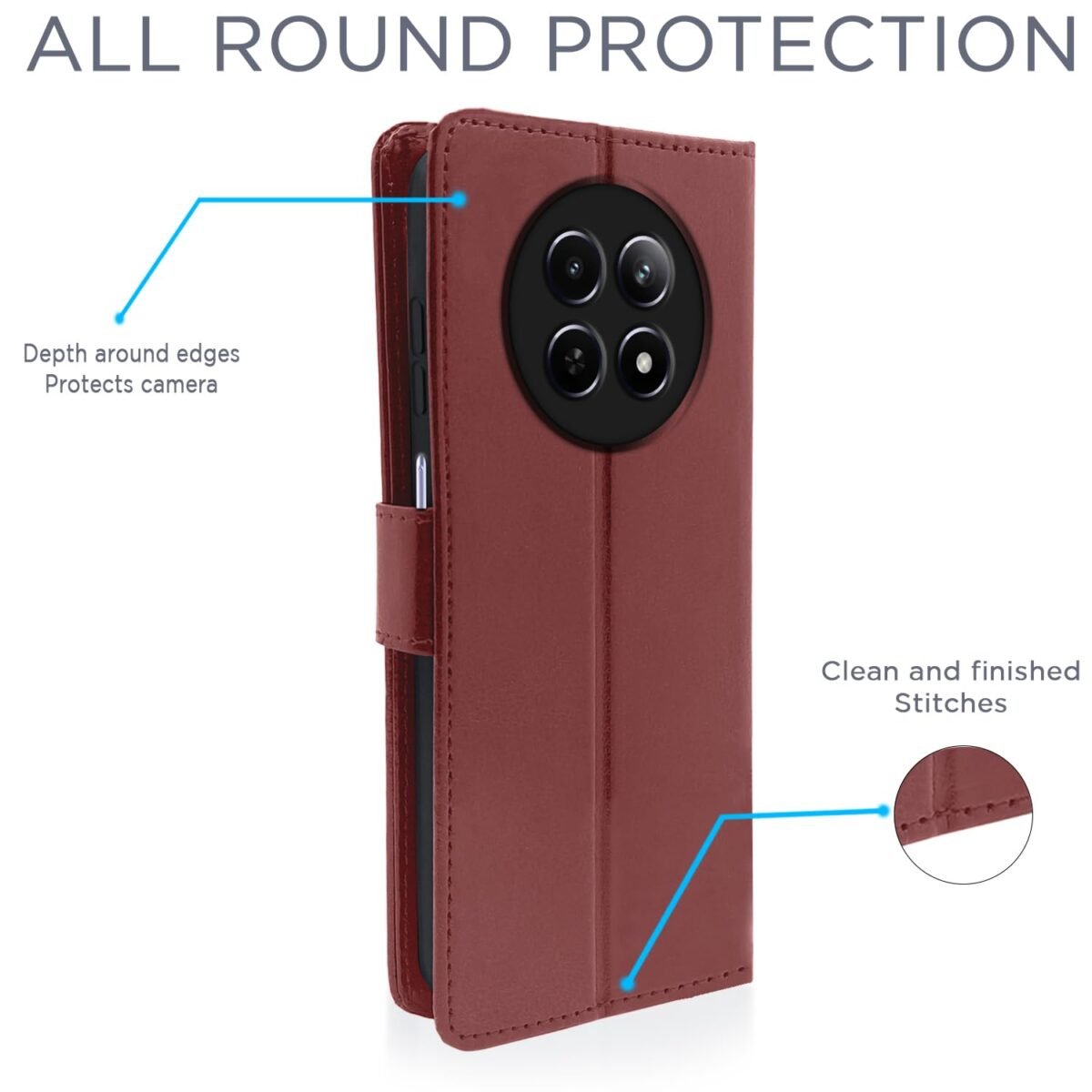 Flip Cover Leather Finish | Inside TPU with Card Pockets | Complete Protection Flip for Realme Narzo 70x 5G / N65 / Realme 13/12/12X 5G/C65 (Brown)