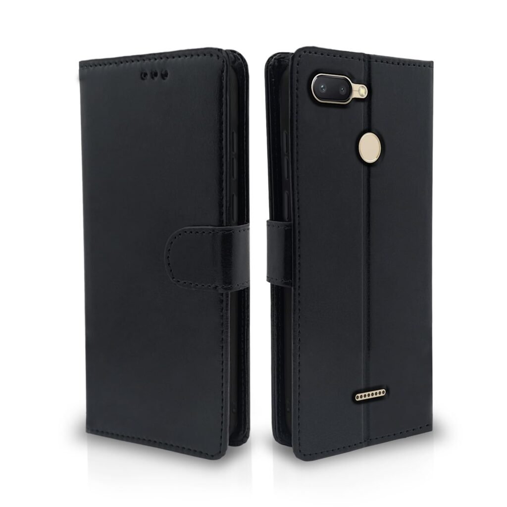 Redmi 6 Flip Cover Leather Finish | Inside TPU with Card Pockets | Wallet Stand and Shock Proof | Complete Protection Flip Case (Black)