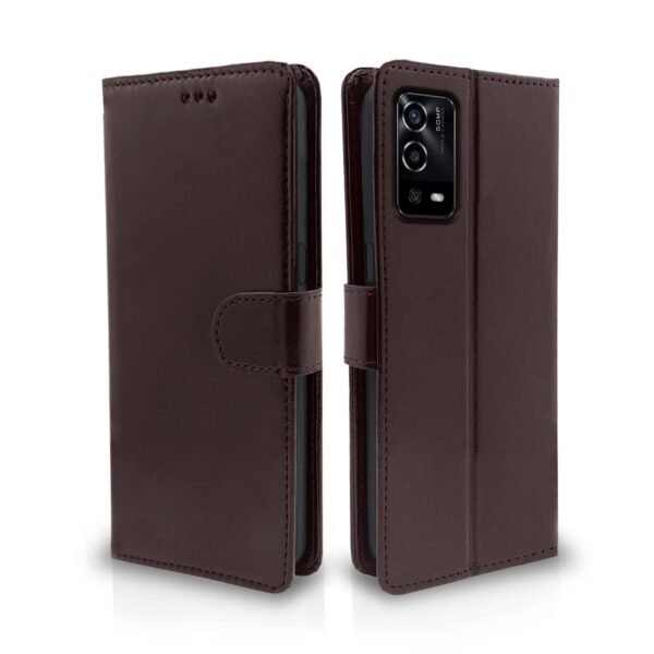 Oppo A55 Flip Case Leather Finish | Inside TPU with Card Pockets | Wallet Stand and Shock Proof | Magnetic Closing | Complete Protection Flip Cover (Coffee)